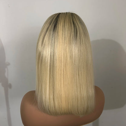 12" Dark Rooted 1B Lightest Bleach Blonde Bob Human Hair Wig 130% Density