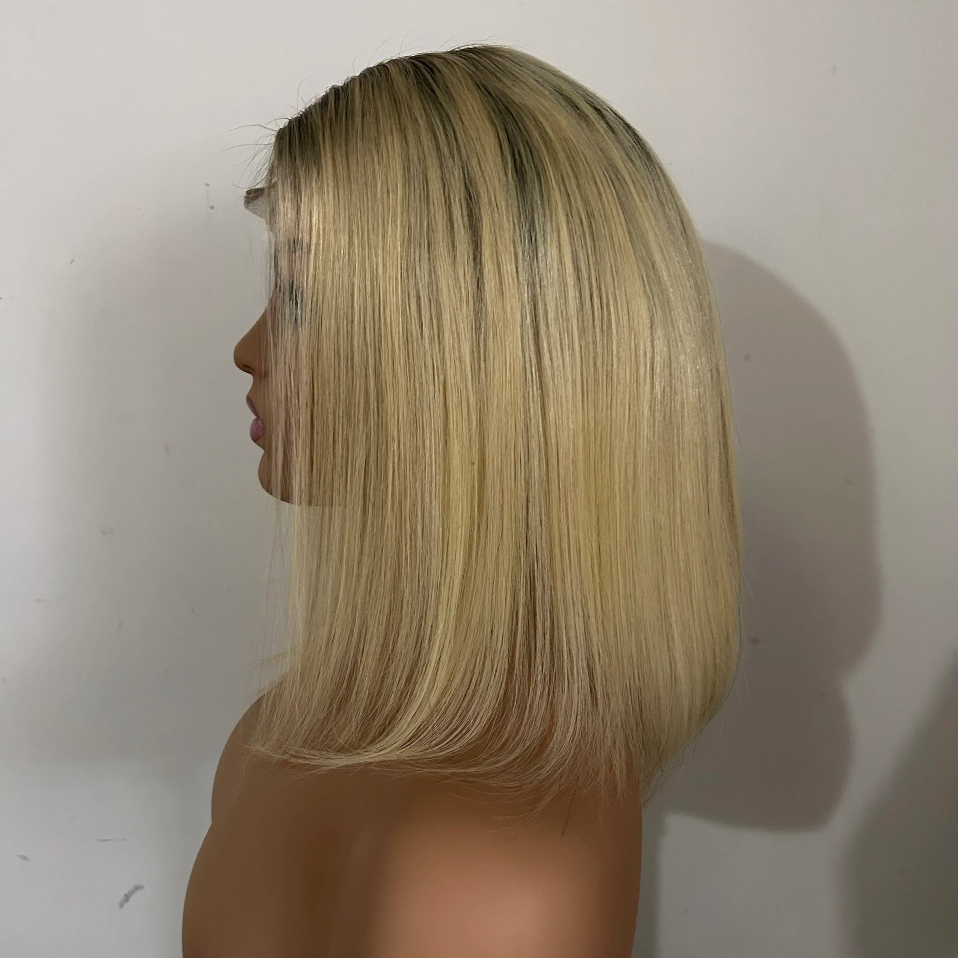 12" Dark Rooted 1B Lightest Bleach Blonde Bob Human Hair Wig 130% Density